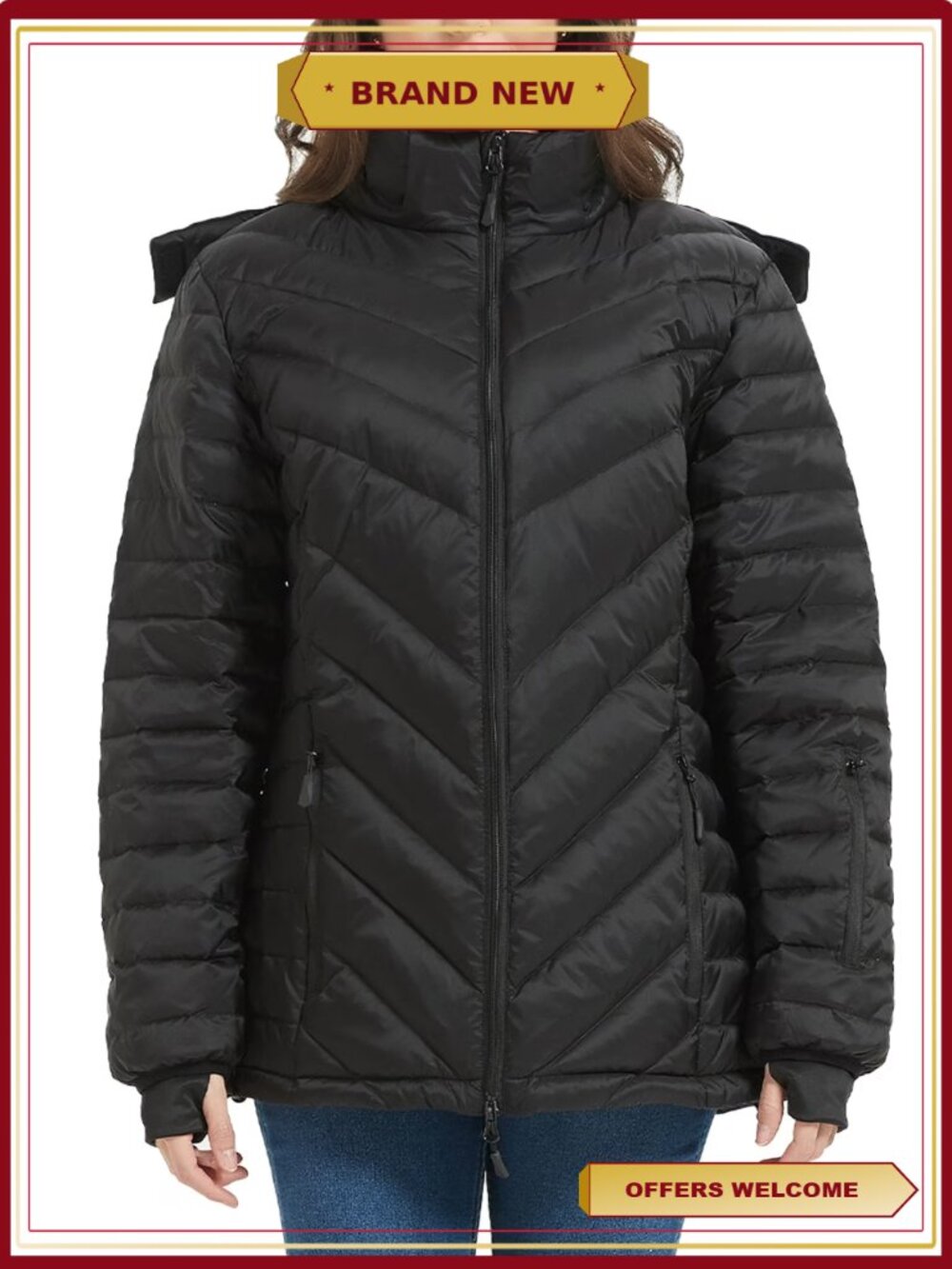Heated Down Jacket with Detachable Hood - Rechargeable Battery for Women